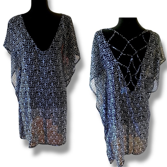 Kona Sol Black White Geometric Patterned Kaftan Coverup Strappy Back Size Small - Picture 1 of 8